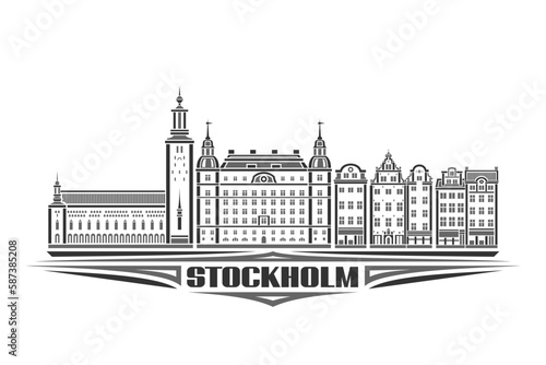 Vector illustration of Stockholm, monochrome horizontal card with linear design stockholm city scape, european urban line art concept with decorative lettering for text stockholm on white background