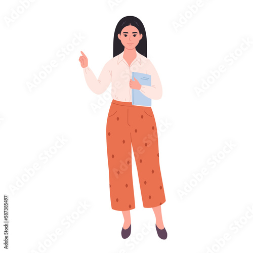 Asian woman with book. School teacher, librarian, business woman. Vector illustration in flat style