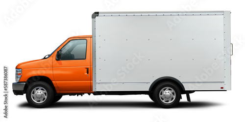 Small delivery cargo van with white van and orange cab isolated on white background.