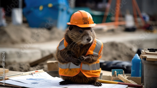 diligent beaver, dressed in a construction worker's outfit, examining a blueprint and building site (created with Generative AI)