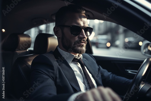 Serious successful businessman in sunglasses sitting in luxury car and driving.Generative AI. © Zelma