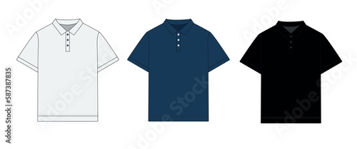 Vector set of short sleeve polo shirt in blue, white, black colors. Polo t-shirt template with collar and button closure, vector. Sketch classic polo shirt with three buttons, short sleeves.
