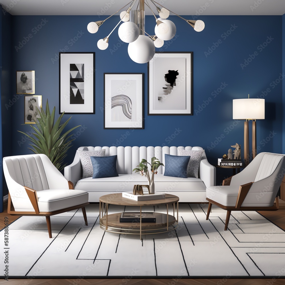 Obraz premium Modern living room interior, art deco design. Navy and gray colors. Lavish fancy luxury apartment interior. Generative AI