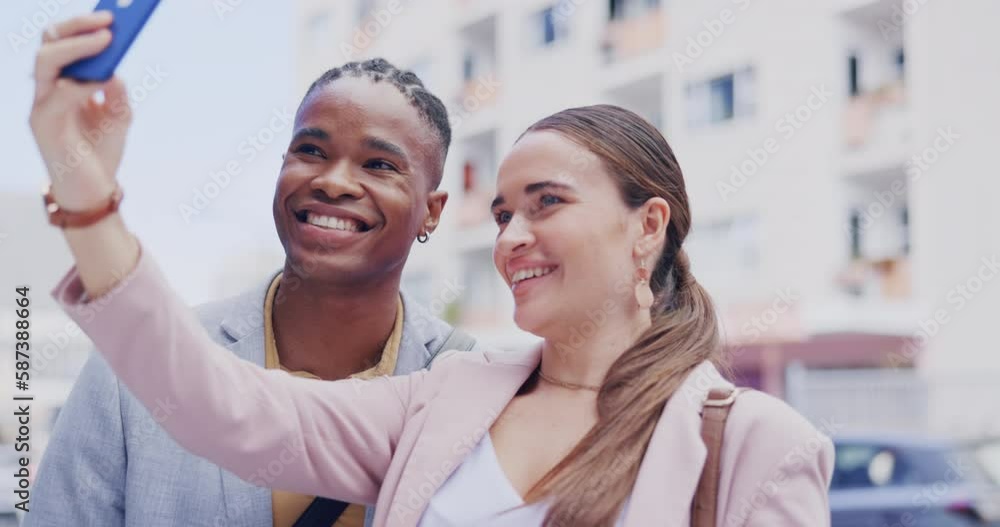 Selfie, friends and business people in the city together on their morning commute for corporate work. Photograph, diversity or 5g mobile technology with a man and woman employee in an urban town Selfie, friends and business people in the city together on their morning commute for corporate work. Photograph, diversity or 5g mobile technology with a man and woman employee in an urban town