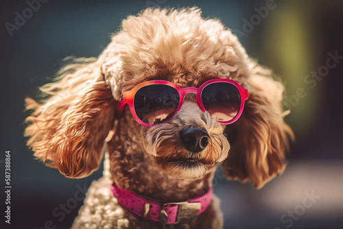 Poodle dog wearing sunglasess. Generative ai © VisualProduction