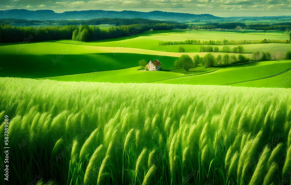 a green field with a house in the middle - Generative AI a green field with a house in the middle - Generative AI
