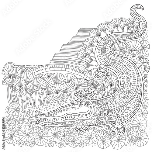 Ancient Egypt fantasy landscape. Nile crocodile, palm tree, papyrus plant, blooming lotus. Coloring book page for children and adults