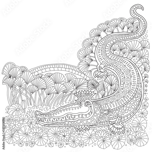 Fantasy landscape with Nile crocodile, palm tree, papyrus plant, blooming lotus. Coloring book page for children and adults