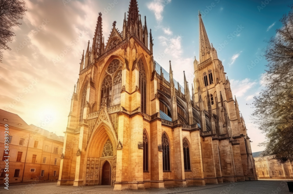 A stunning, gothic cathedral with intricate stone carvings, towering spires, and ornate stained glass windows, bathed in the warm light of a setting sun