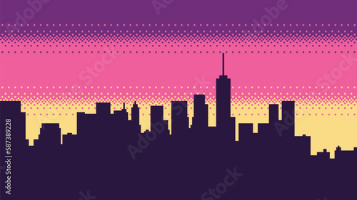 Pixel art metropolis with skyscrapers in the evening. A large city in the morning. Vector background.