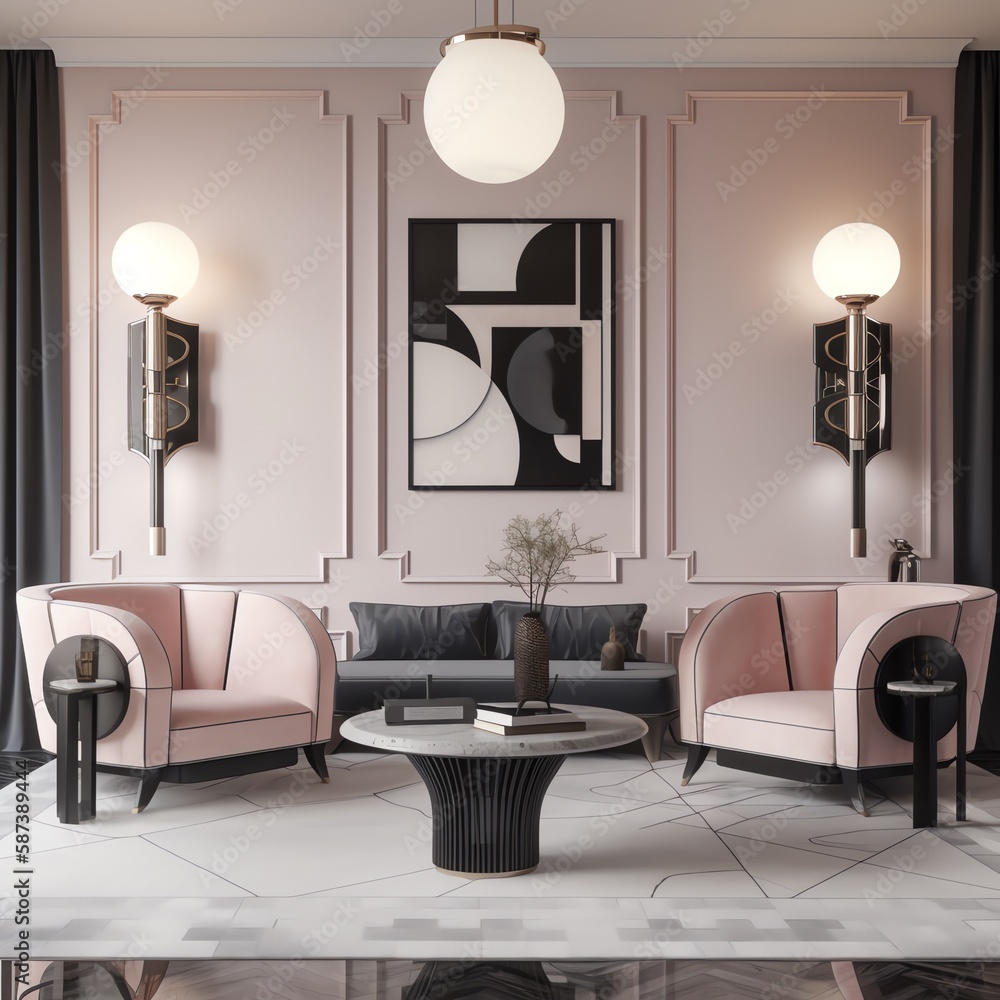 Modern living room interior, art deco design. Pink and gray colors. Lavish fancy luxury apartment interior. Generative AI