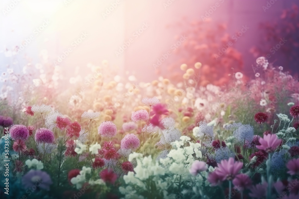 Beautiful spring summer landscape with colorful wildflowers and soft morning light. Generative AI.
