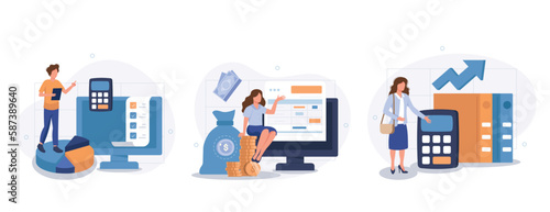Budget bookkeeping illustration set. People doing paperwork. Characters accounting debit and credit, calculating bills and income taxes. Financial management concept. Vector illustration.	