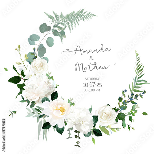Ivory white roses, beige peony, hydrangea, orchid, fern vector design invitation frame