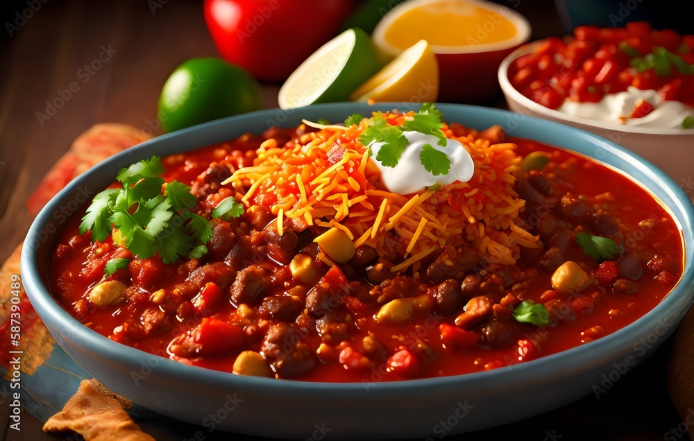 a bowl of chili with sour cream and sour cream - Generative AI a bowl of chili with sour cream and sour cream - Generative AI