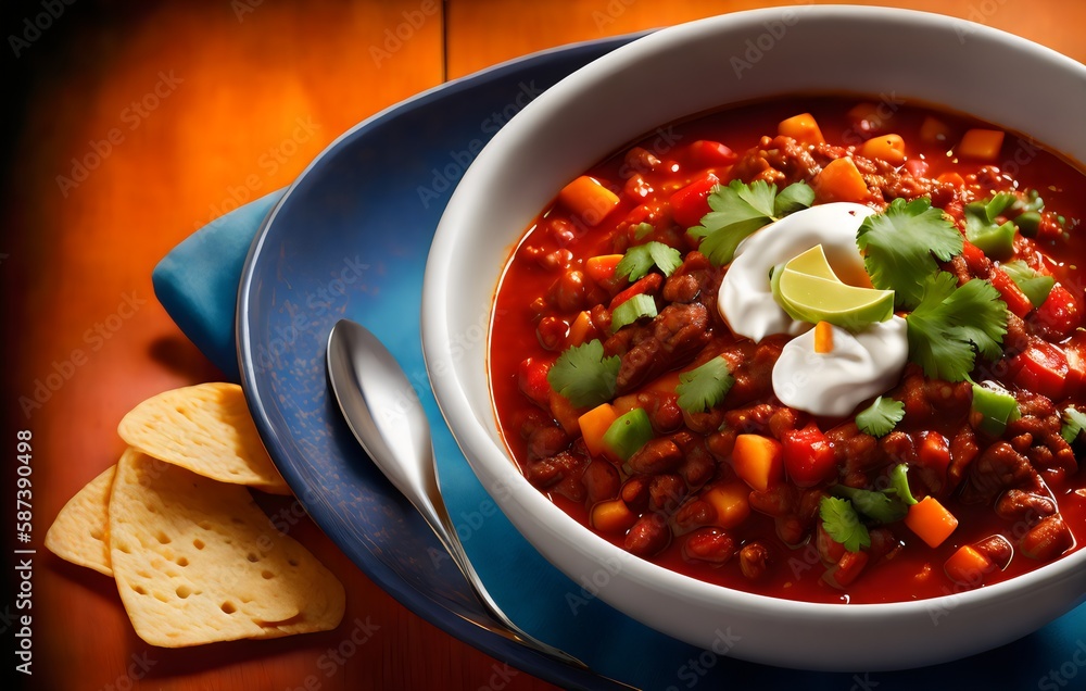 a bowl of chili with sour cream and tortilla chips - Generative AI a bowl of chili with sour cream and tortilla chips - Generative AI