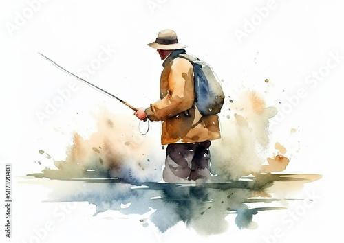Fishing is the activity of catching fish, either for food or sport. Fishing colorful paint splash, isolated on white background. AI generated illustration.