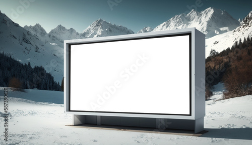 Empty white advertising billboard on snowy mountain background. Generative AI.