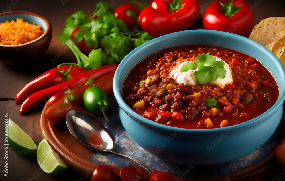 a bowl of chili with tortillas and other ingredients - Generative AI a bowl of chili with tortillas and other ingredients - Generative AI