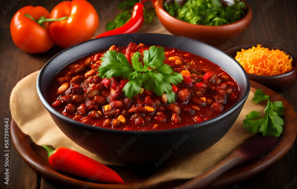 chili with vegetables and herbs on a wooden table - Generative AI chili with vegetables and herbs on a wooden table - Generative AI