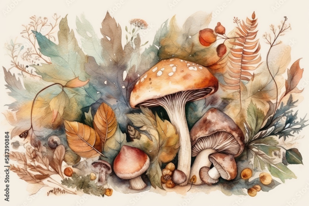 mushrooms and leaves in a watercolor painting. Generative AI