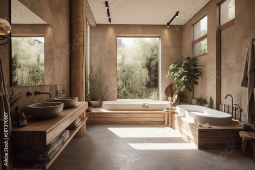 Spacious earthy bathroom design, Generative AI