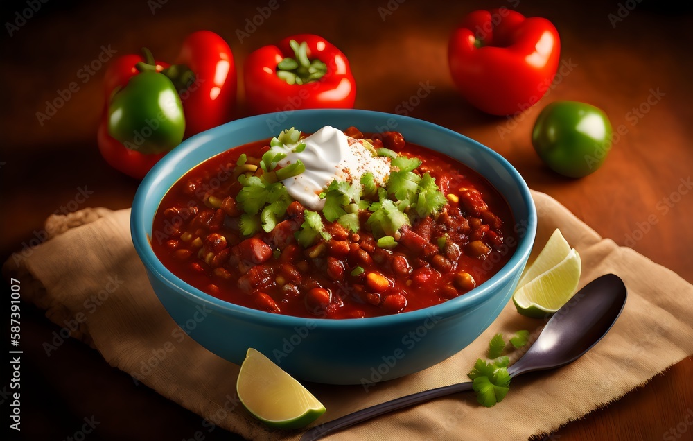 a bowl of chili with sour cream and lime - Generative AI a bowl of chili with sour cream and lime - Generative AI