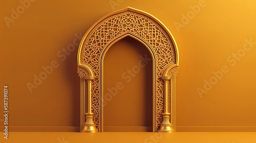 Arabic golden arch. 3d illustration of islam architecture shape for muslim holidays. Generative Ai photo