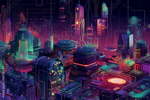 computer circuit board, flashy neon city, colorful, created by generative ai