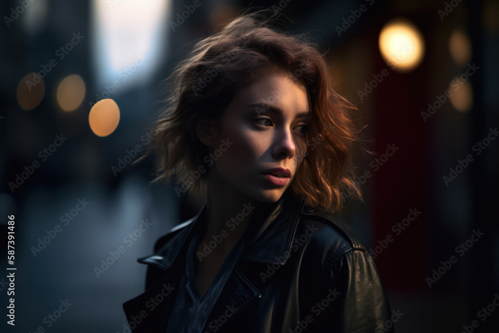 A white woman with reddish hair with a blurred city behind her at dusk. Generative AI. A white woman with reddish hair with a blurred city behind her at dusk. Generative AI.