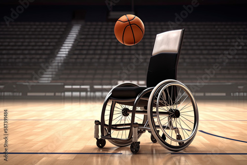 Generative AI illustration of bouncing basketball over empty wheelchair on reflective floor in professional basketball court photo
