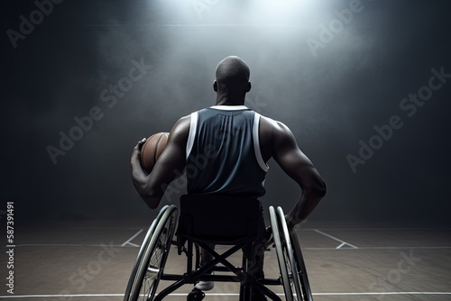 Generative AI illustration of unrecognizable handicapped male player in wheelchair on sports ground with basketball while training in bright gym with dark background photo