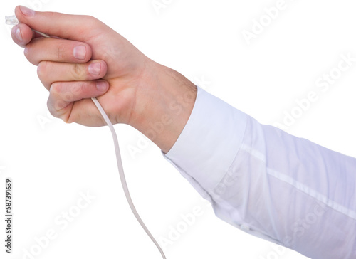 Close up of businessmans hand holding cable 