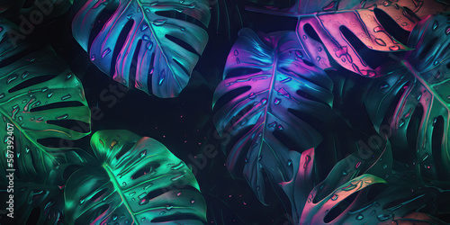Generative AI illustration of neon Monstera deliciosa leaves growing in tropical forest for creative design elements photo