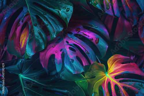 Generative AI illustration of neon Monstera deliciosa leaves growing in tropical forest for creative design elements photo