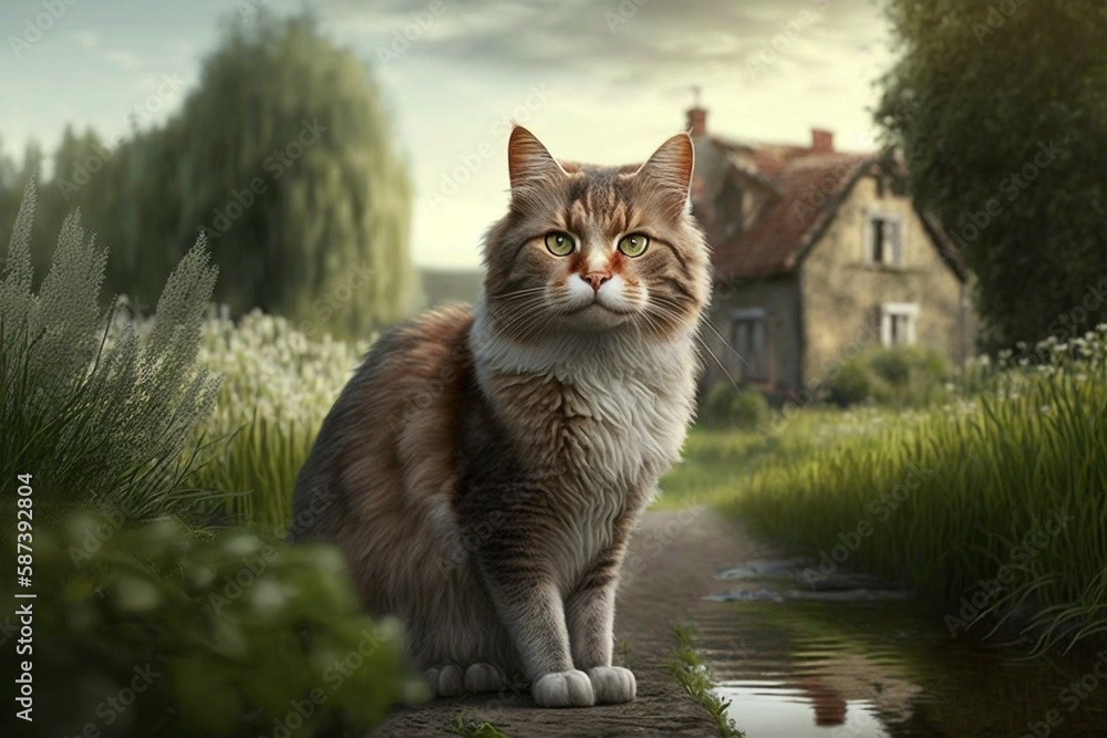 Cat in the village. Adult big cat in the countryside. Generative AI