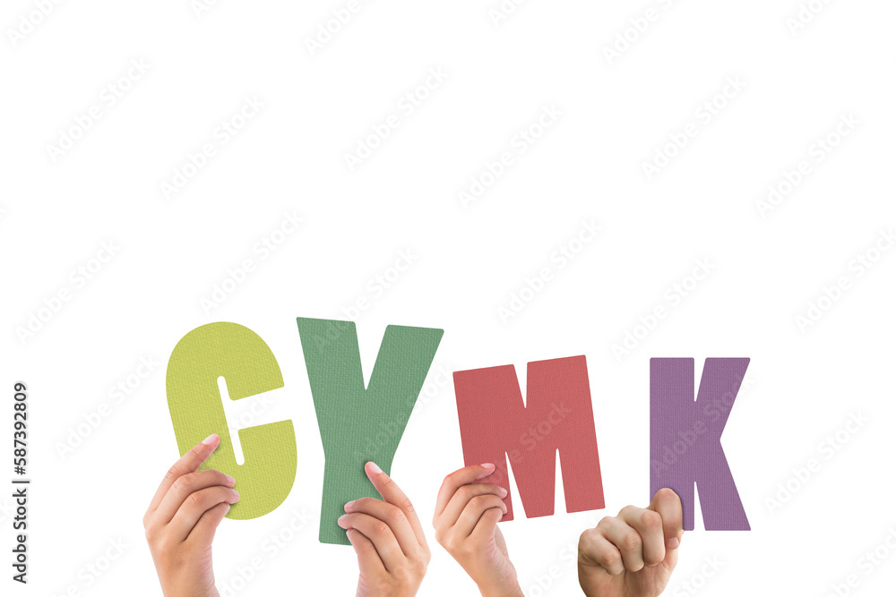 Colorful alphabet spelling CYMK held up by people Colorful alphabet spelling CYMK held up by people