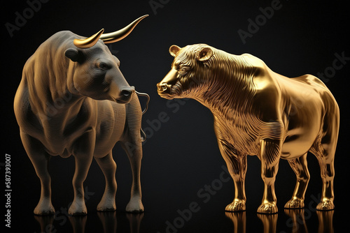 Gold bull and bear - stock market symbols on dark background