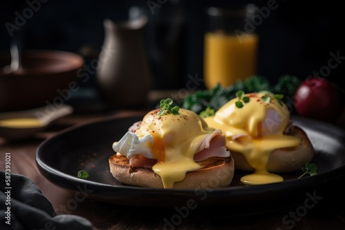  a black plate topped with eggs benedict and bacon on toasted bread with a side of orange juice and a glass of orange juice in the background.  generative ai photo