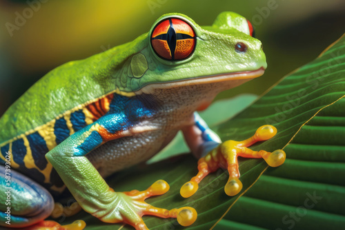 Generative AI illustration of high detailed realistic green frog with brown eyes sitting on green leaf of plant photo