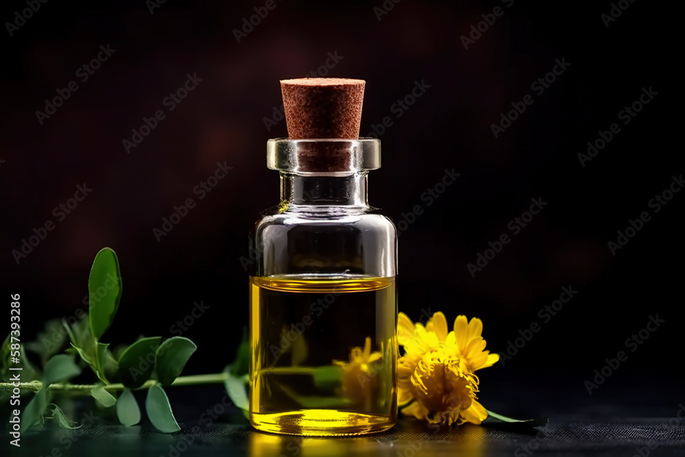 Essential oil in glass bottle and herbs on black background. Essential oil in glass bottle and herbs on black background.