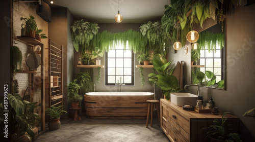 Urban jungle design bathroom, Generative AI