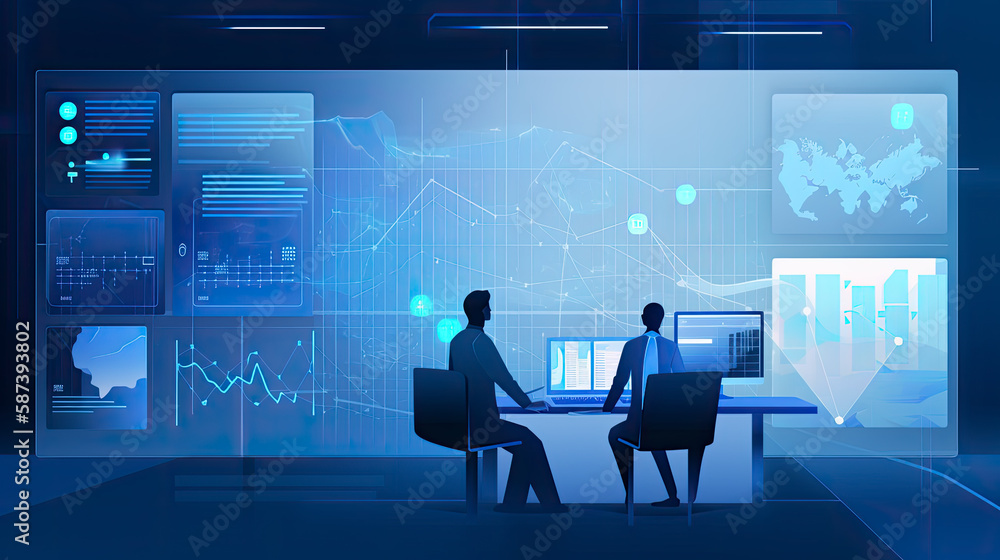 a team using data science in front of a big screen with data charts representation in blue tones as vector images - generative AI a team using data science in front of a big screen with data charts representation in blue tones as vector images - generative AI