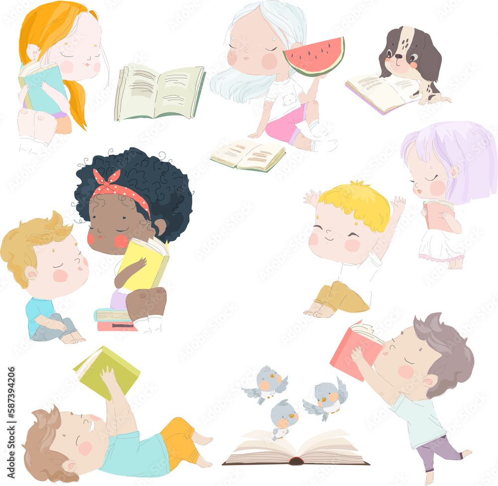 Vector Set of Cute Little Children reading Books Vector Set of Cute Little Children reading Books