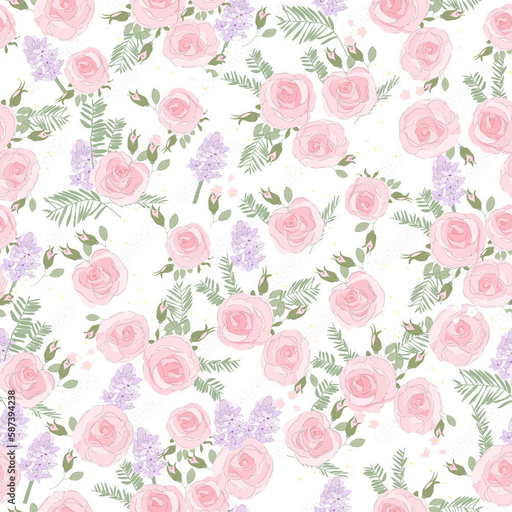 Vector Seamless Pattern with Pink Roses on Green Background
