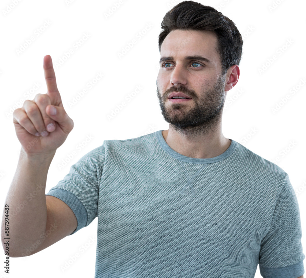 Man touching invisible screen Man touching invisible screen
