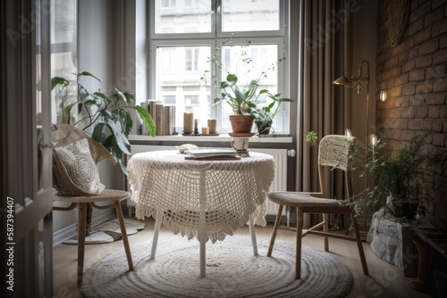 There s a white chair and table. Beige crocheted plaid covers the table. Magazine  the table has tea and a plant. High quality vertical interior picture. Generative AI