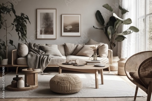 Modern Scandinavian home decor. Beautiful living room with comfy couch, mid century furnishings, warm carpet, hardwood floor, white walls, house plants. Generative AI