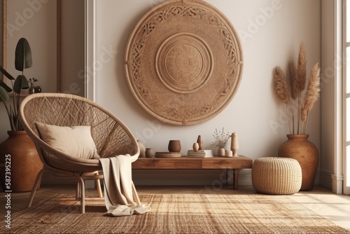Empty wall mockup in warm neutral beige room with wicker armchair, ethnic cushion, circular jute mat, bohemian décor, and open space. Illustration,. Generative AI