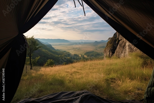Amazing view from inside tent to mountain landscape. Camping during hike in mountains, outdoor activities. Created with Generative ai